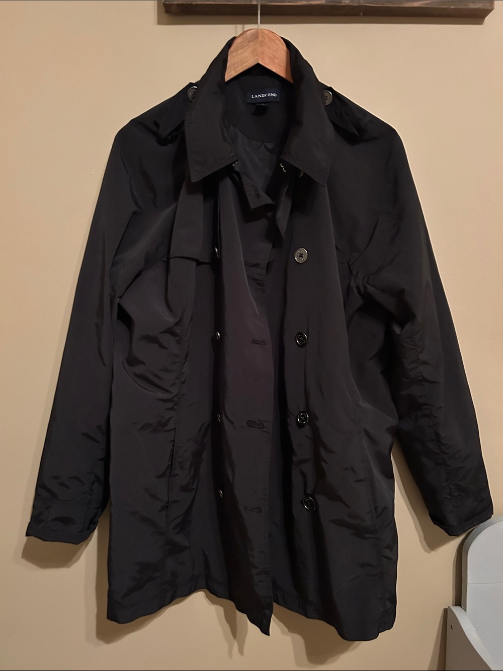 Lands' End Men's Black Double-Breasted Trench Coat